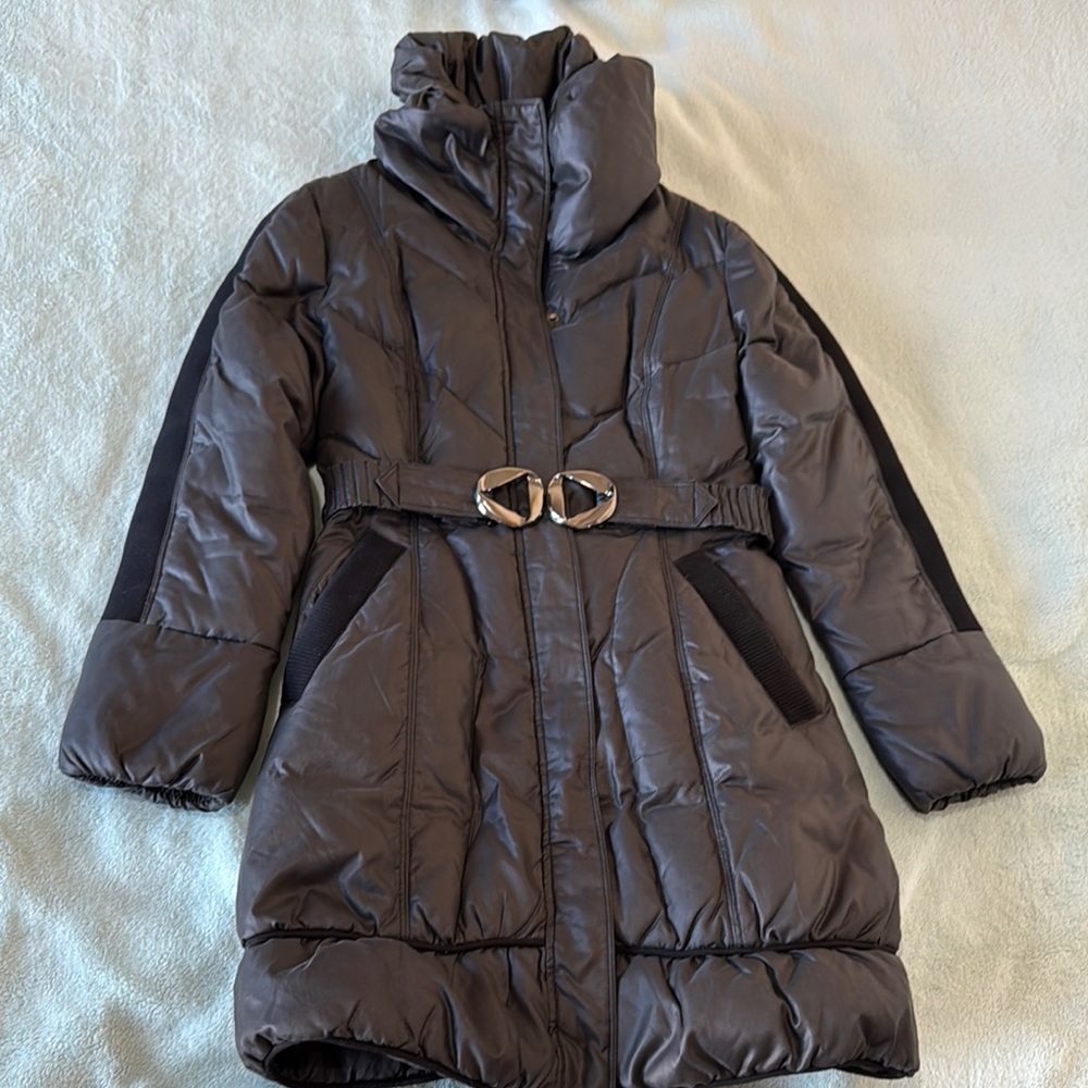 Black Long Puffer Coat with Belt and High Collar